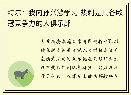 特尔：我向孙兴慜学习 热刺是具备欧冠竞争力的大俱乐部