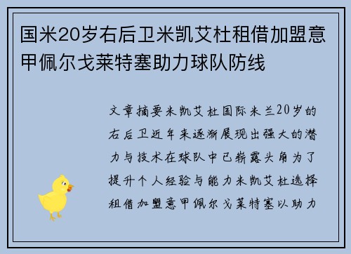 国米20岁右后卫米凯艾杜租借加盟意甲佩尔戈莱特塞助力球队防线