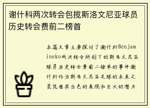 谢什科两次转会包揽斯洛文尼亚球员历史转会费前二榜首