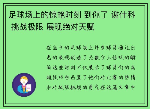 足球场上的惊艳时刻 到你了 谢什科 挑战极限 展现绝对天赋